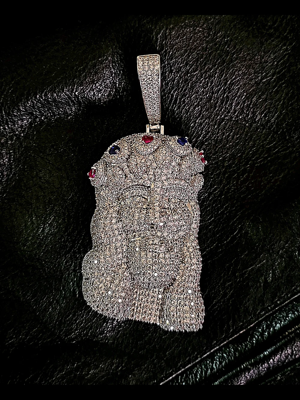 Pave Jesus Head Pendant with Red & Blue Accents